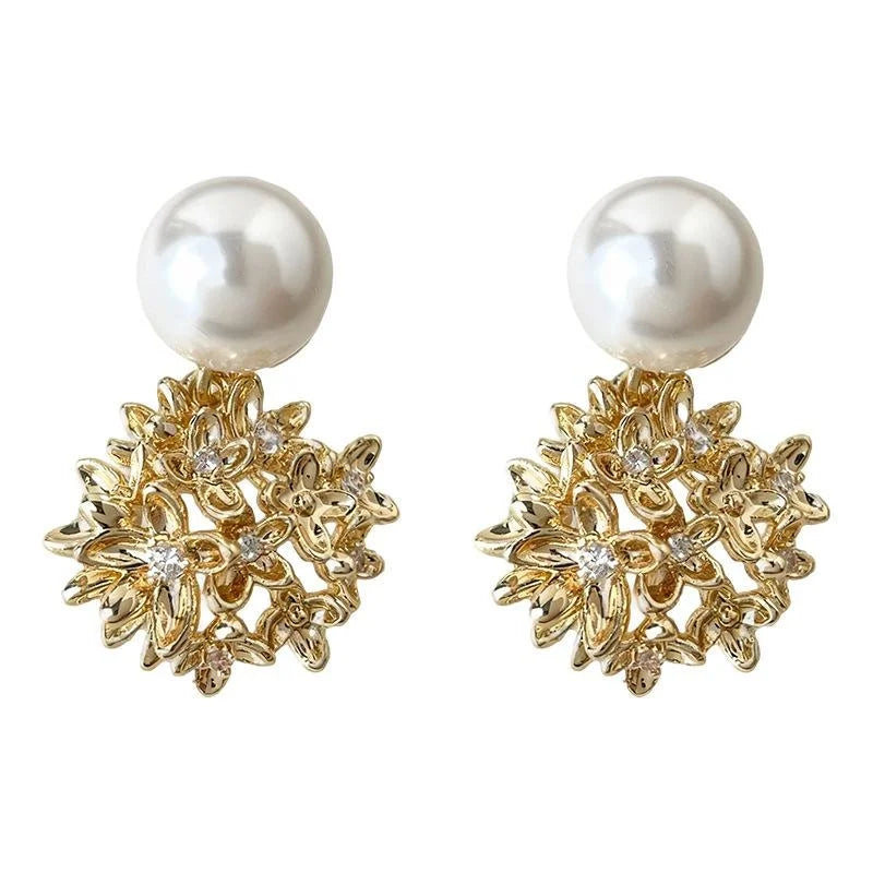 Light Luxury Hydrangea Flower Copper Drop Earrings With Glass Pearls And Micro Pave Zirconia