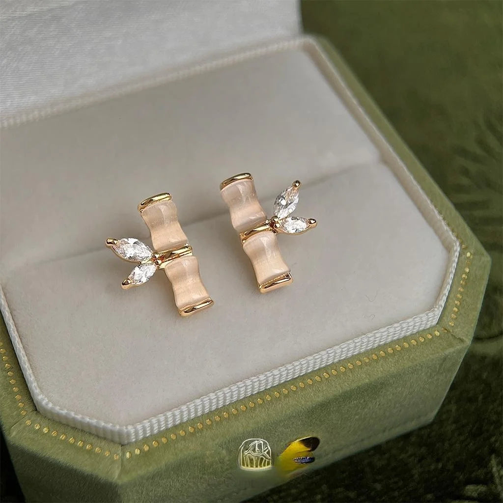 New Chinese Style Glass Cat Eye Stone Bamboo Leaf Stud Earrings Copper Micro Pave Zircon Luxury Jewelry
