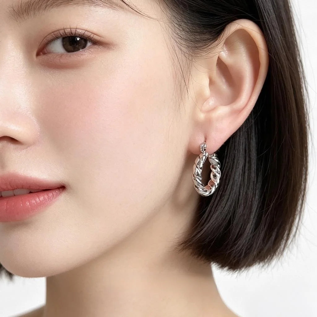 Silver Tone Twisted Oval Geometric Copper Drop Earrings For Women Minimalist Elegant Style