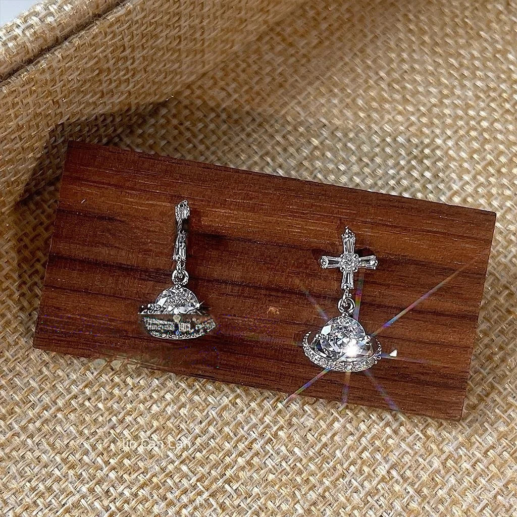 Micro Pave Zircon Planet Stud Earrings Silver Plated Copper Geometric Sweet Cool Jewelry