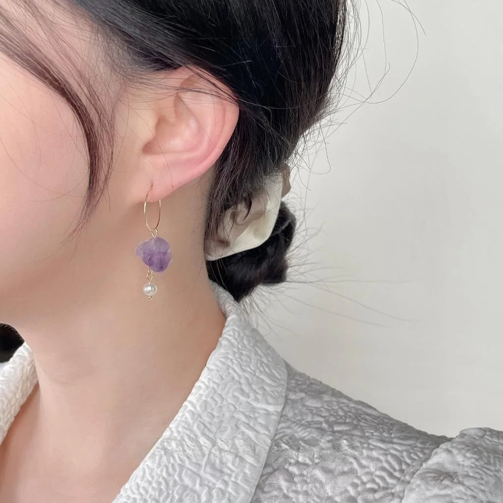 Handmade Amethyst Crystal Freshwater Pearl Asymmetric Geometric Drop Earrings For Women
