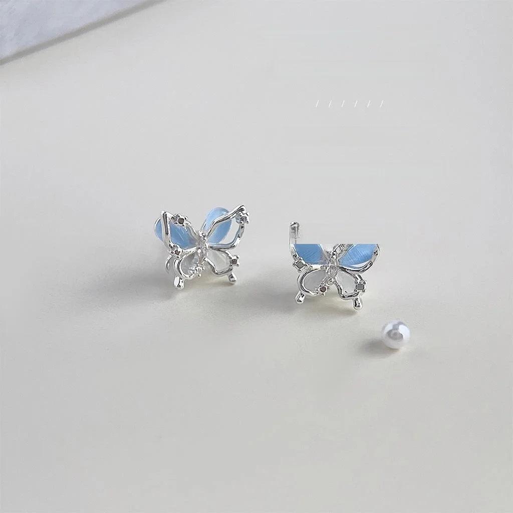 2025 Summer Sweet Cool Blue Glass Cat Eye Zircon Micro Pave 3D Butterfly Stud Earrings
