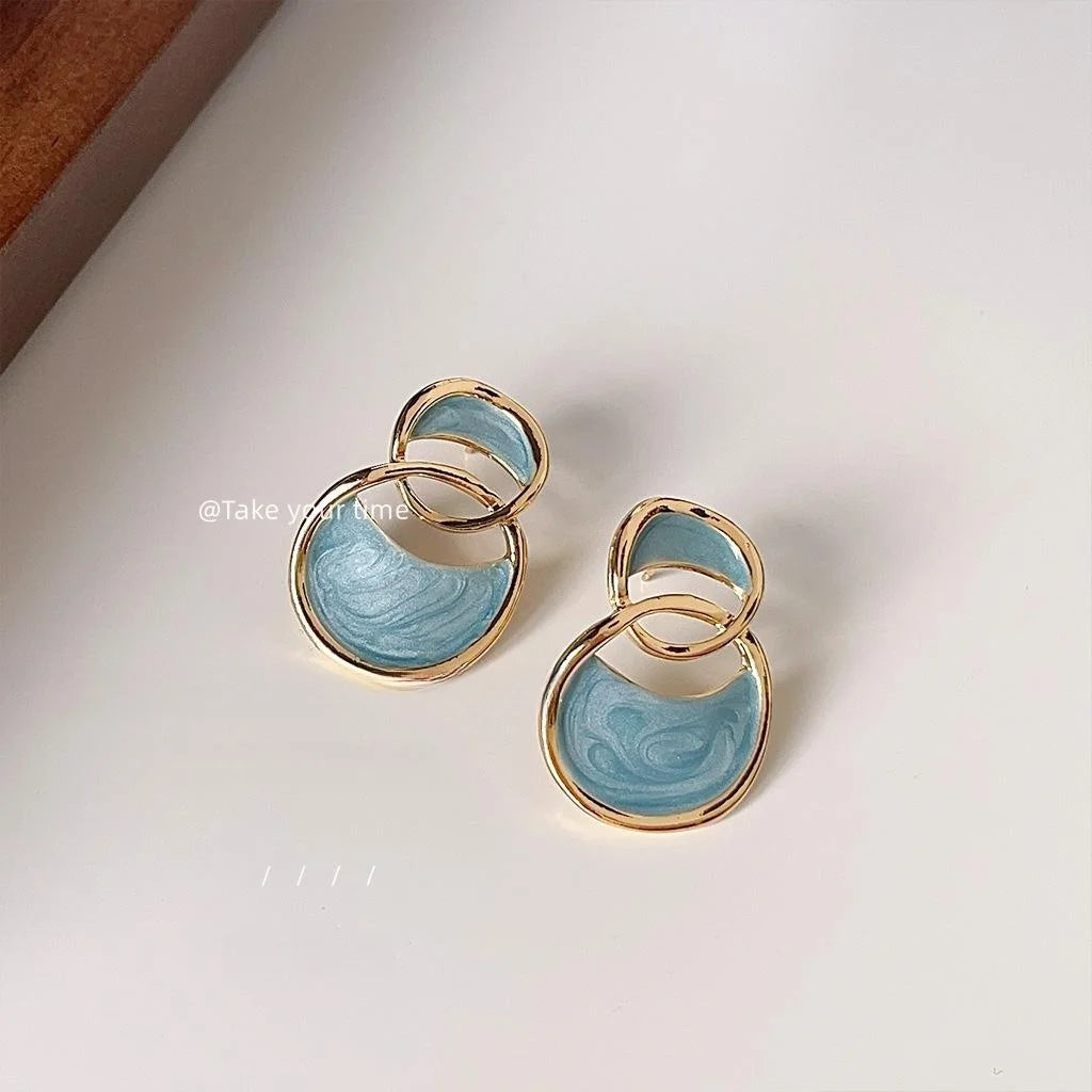 14K Plated Alloy Geometric Drip Glaze Stud Earrings For Women Korean Luxury Style