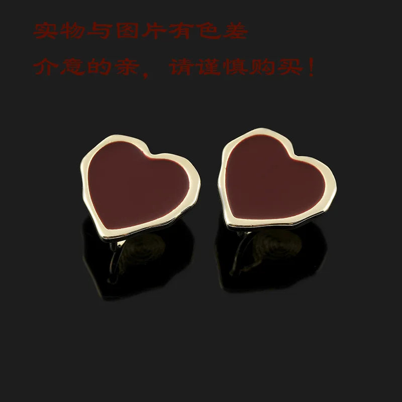 Vintage Red Enamel Heart Alloy Stud & Clip On No Piercing Gold Tone Spiral Clip Sweet Love Earrings