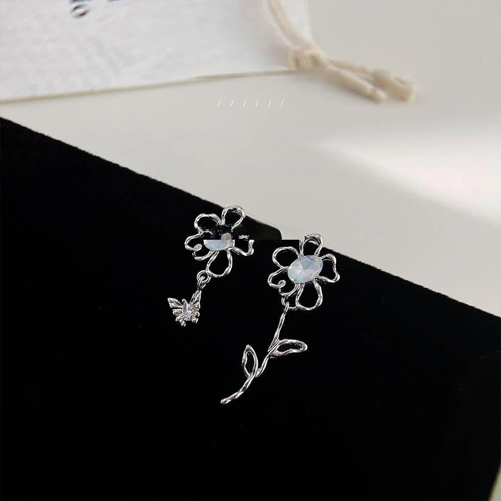 Sweet Cool Asymmetric Copper Drop Earrings With Hollow Colorful Flower Butterfly Sunflower Design