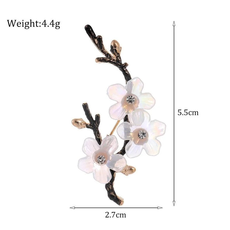 Elegant Plum Blossom Branch Brooch With Mother Of Pearl Petals And Rhinestone Centers, Luxury Lapel Pin Gift