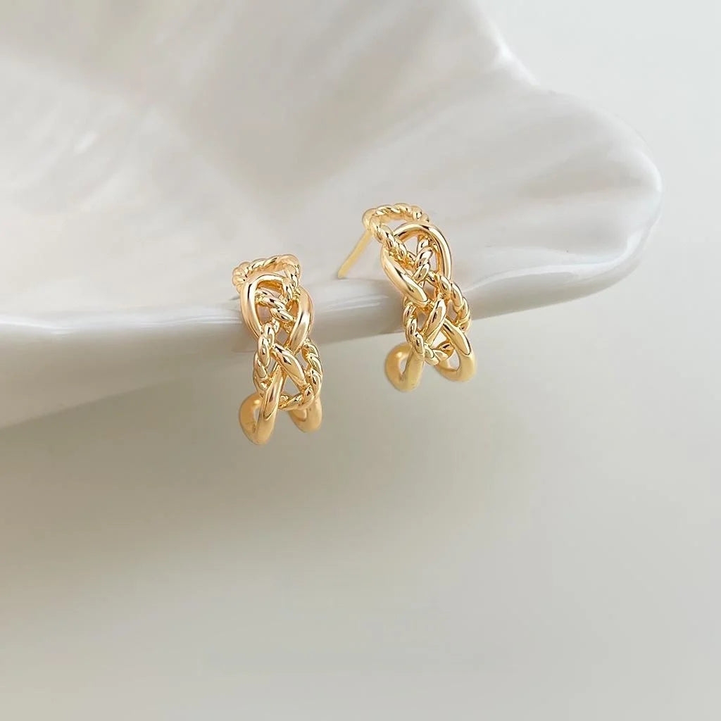 Gold Copper C Shape Hoop Earrings Minimalist Hollow Wide Chain Geometric Old Money Jewelry