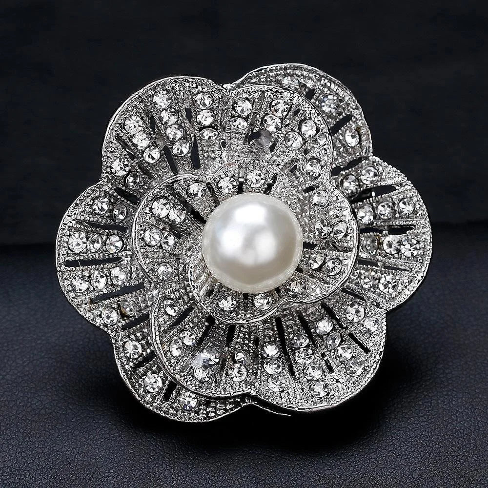 Elegant Rhinestone Pearl Flower Brooch, Alloy Crystal Lapel Pin Corsage For Women Suit Accessory Gift