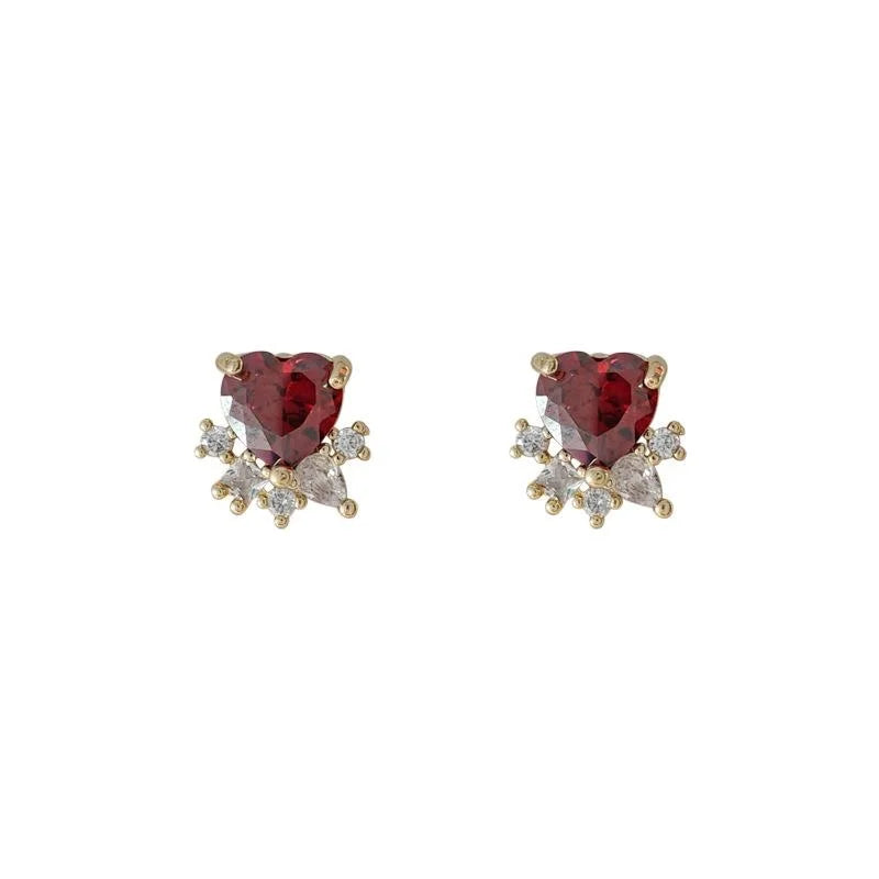 French Style 14K Gold Plated Copper Heart Micro Pave Zircon Stud Earrings