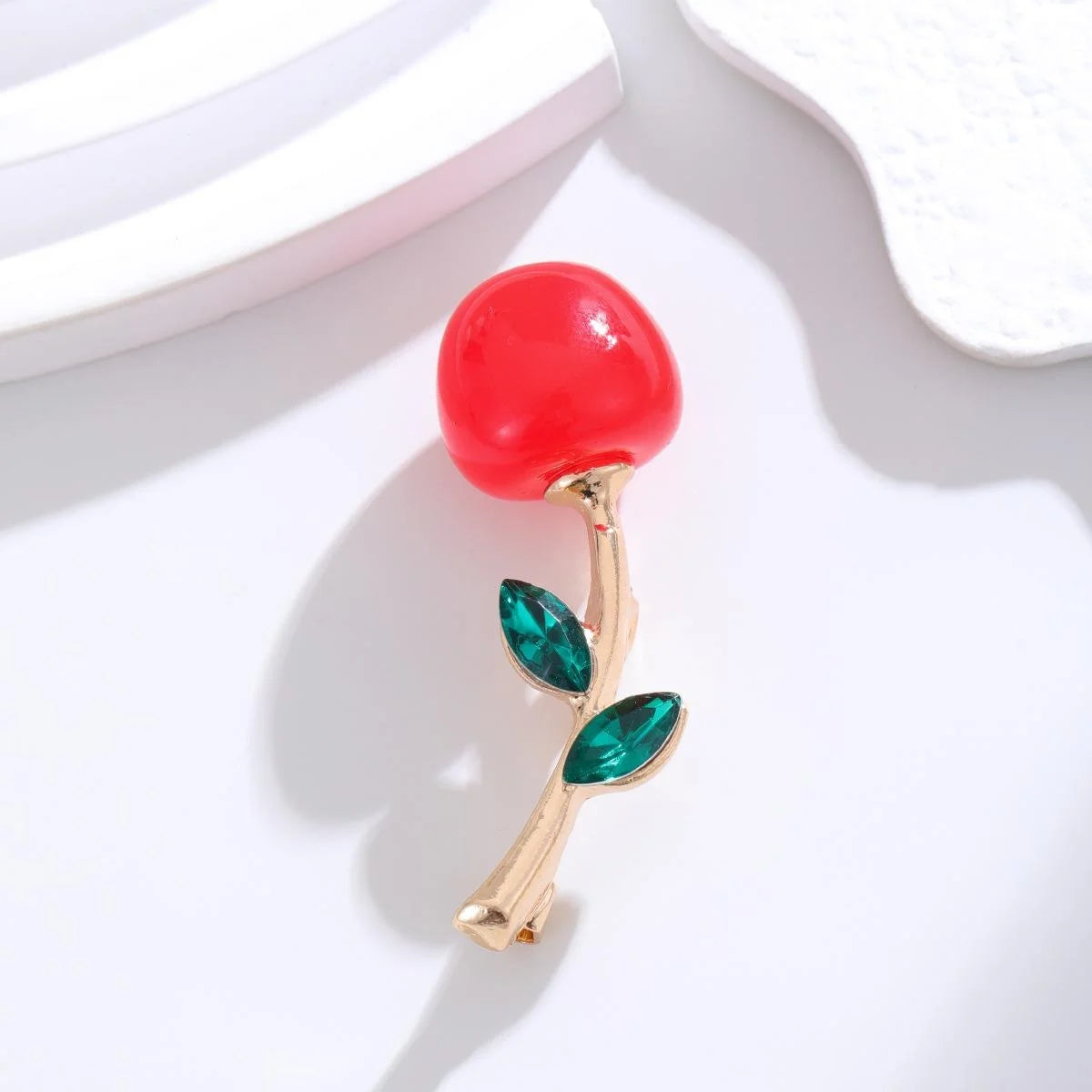 Cute Cherry Fruit Brooch With Enamel Leaves And Rhinestone Accents, Elegant Lapel Pin Corsage Gift