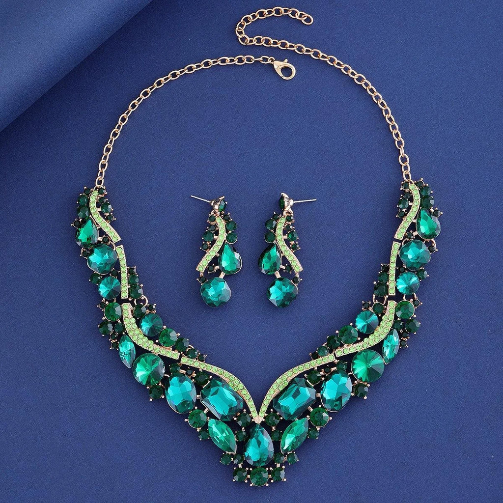 Luxury Emerald Green Crystal Rhinestone Statement Necklace Earrings Jewelry Set For Banquet Party