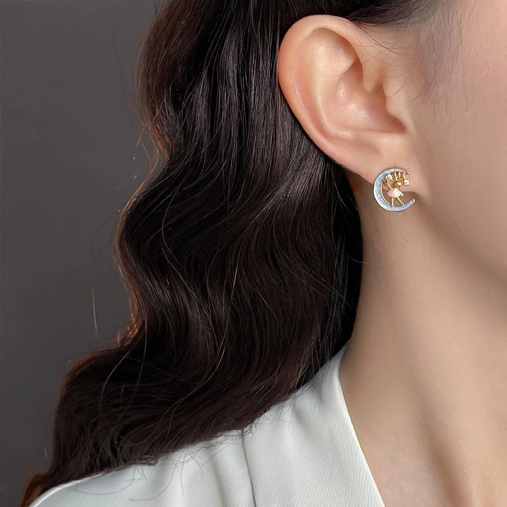 14K Plated Copper Moon Rabbit Stud Earrings With Micro Pave Zircon Hand Painted Fairy Style