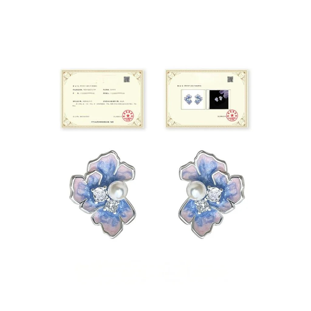 Luxury Iris Flower Stud Earrings, Silver Plated Copper Zircon Enamel Pearl Floral Jewelry