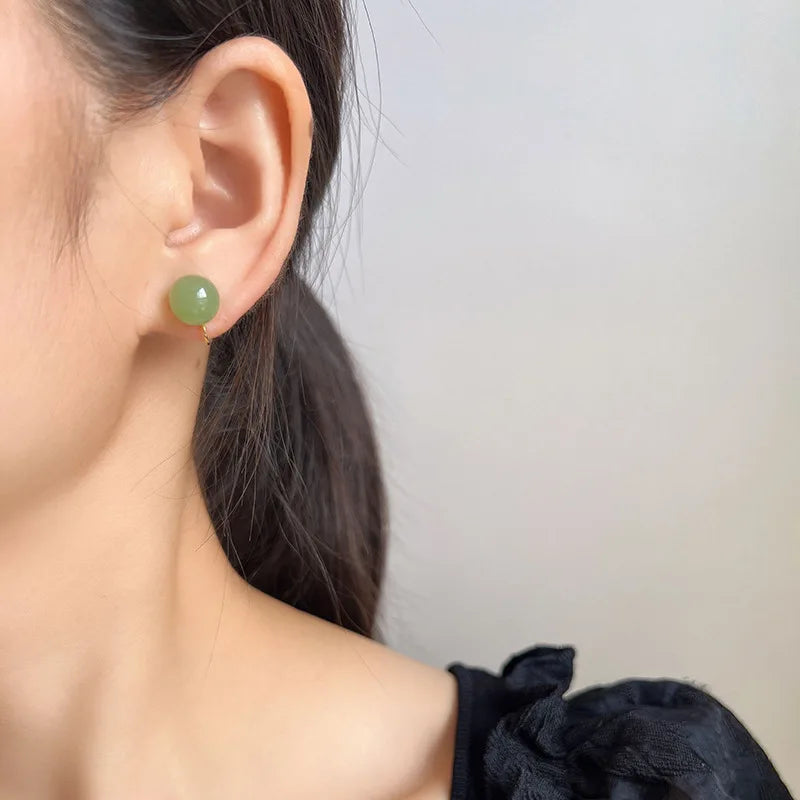 Minimalist Vintage Gold Alloy Spiral Disc With Natural Agate Ball Stud & Clip On No Piercing Earrings