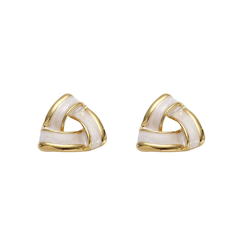 Vintage Geometric Triangle Gold Alloy White Enamel Stud & Clip On No Piercing Statement Earrings