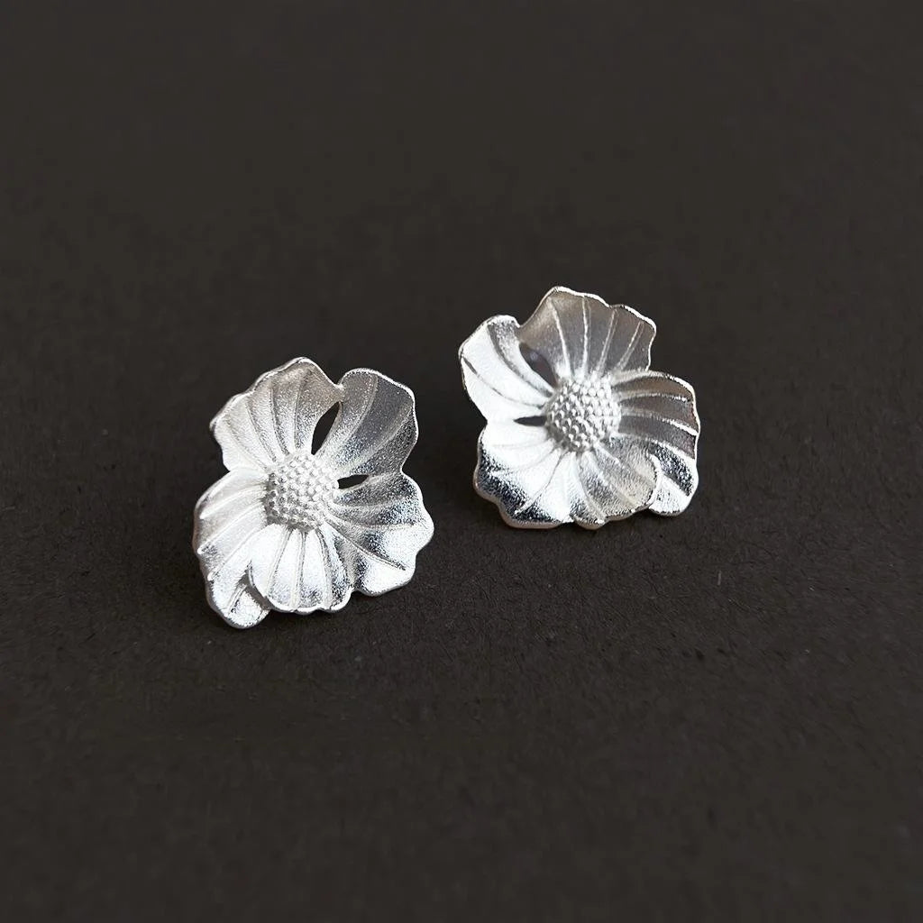 Sandblasted Hibiscus Flower Stud Earrings Eco-Friendly Copper Silver Tone Textured Minimalist Jewelry