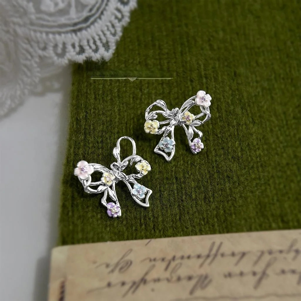 Sweet Fresh Bow Stud Earrings Copper Zircon Hollow Flower Enamel Painted Cute Jewelry