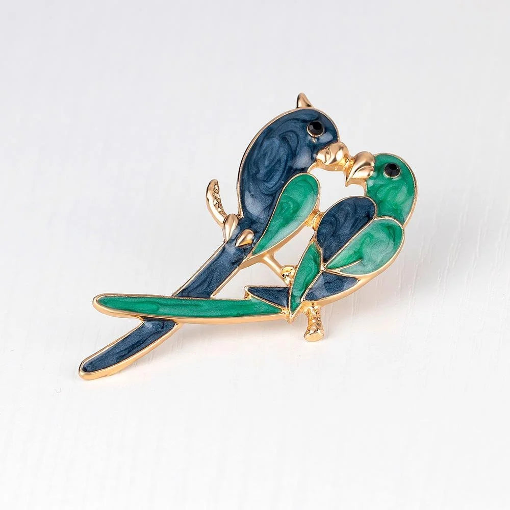 Elegant Enamel Lovebird Parrot Brooch Pin, Gold Tone Alloy Bird Lapel Pin Corsage Suit Accessory Gift