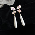 Fairy Style Copper Pink Orchid Pearl Waterdrop Zircon Enamel Tassel Drop Earrings