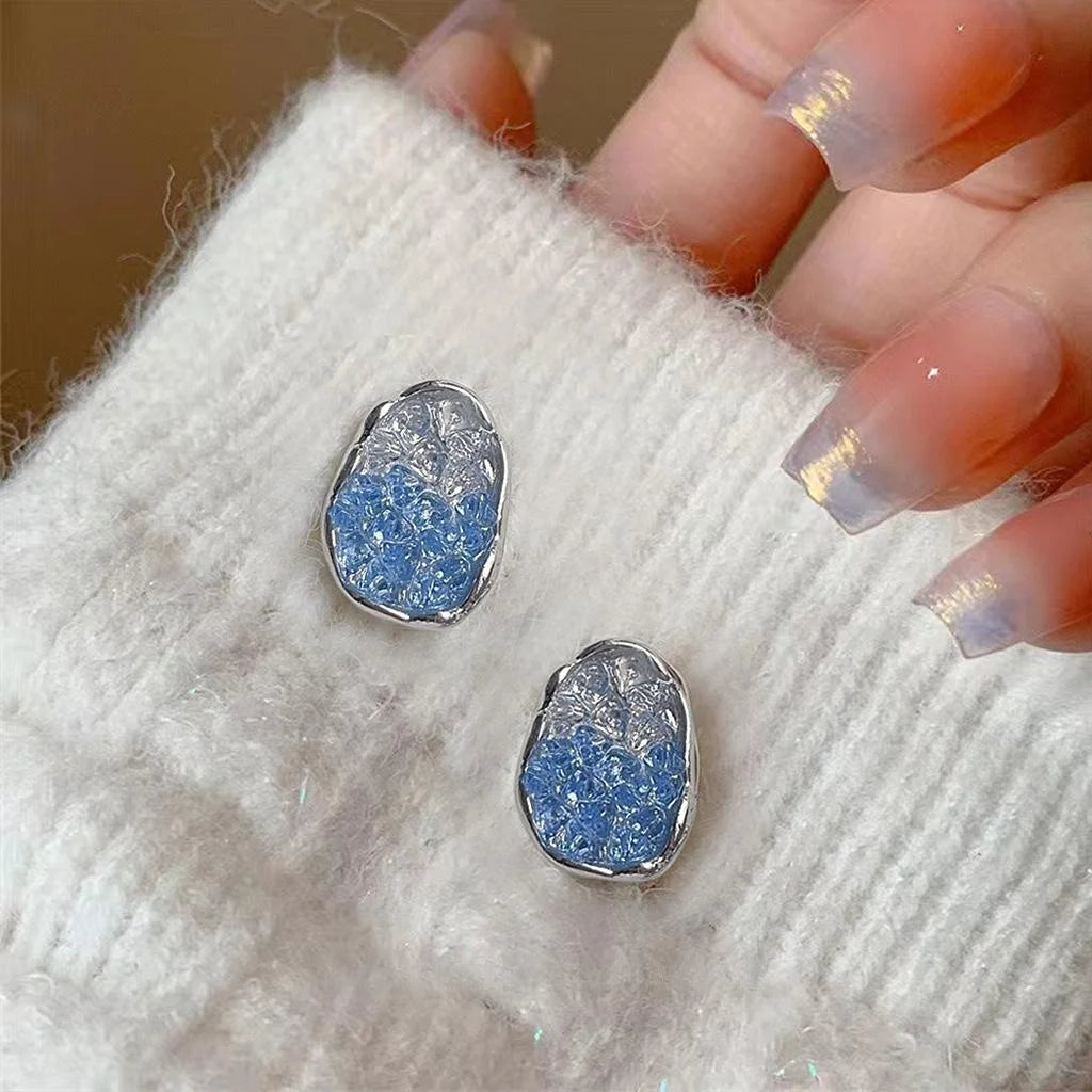 Glacier Blue Glass Crystal Gradient Silver Plated Oval Geometric Luxury Stud Earrings