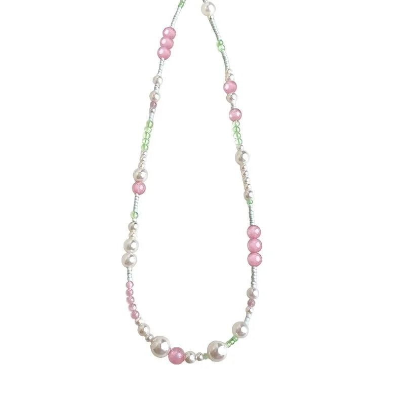 Pink Glass Crystal Cat Eye Stone Geometric Two Way Handmade Sweet Girl Collarbone Necklace