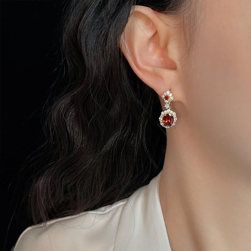 Vintage Court Style Burgundy Zircon Geometric 14K Plated Copper Drop Earrings