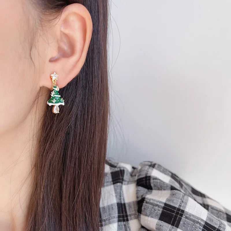 Elegant Green Enamel Christmas Tree Zircon Dangle Stud & Clip On No Piercing Holiday Earrings