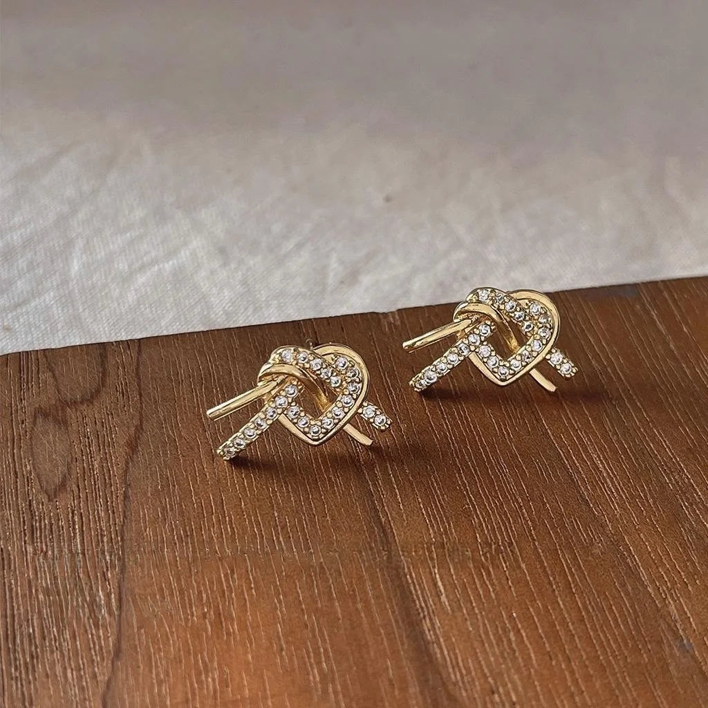 French Vintage Copper Heart Knot Stud Earrings With Micro Pave Zircon Sweet Mini Jewelry