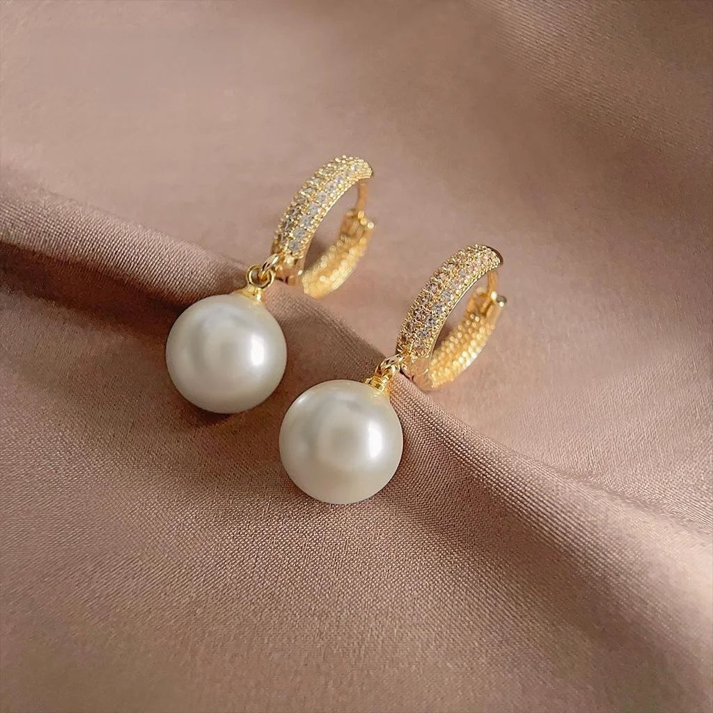 14K Gold Plated Copper Glass Pearl Stud Earrings With Micro Pave Zircon Geometric Hoop Design