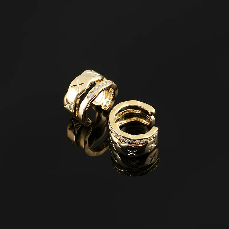 Vintage Quilted Gold Alloy Zircon Double Layer Ear Cuff Stud & Clip On No Piercing Luxury Earrings