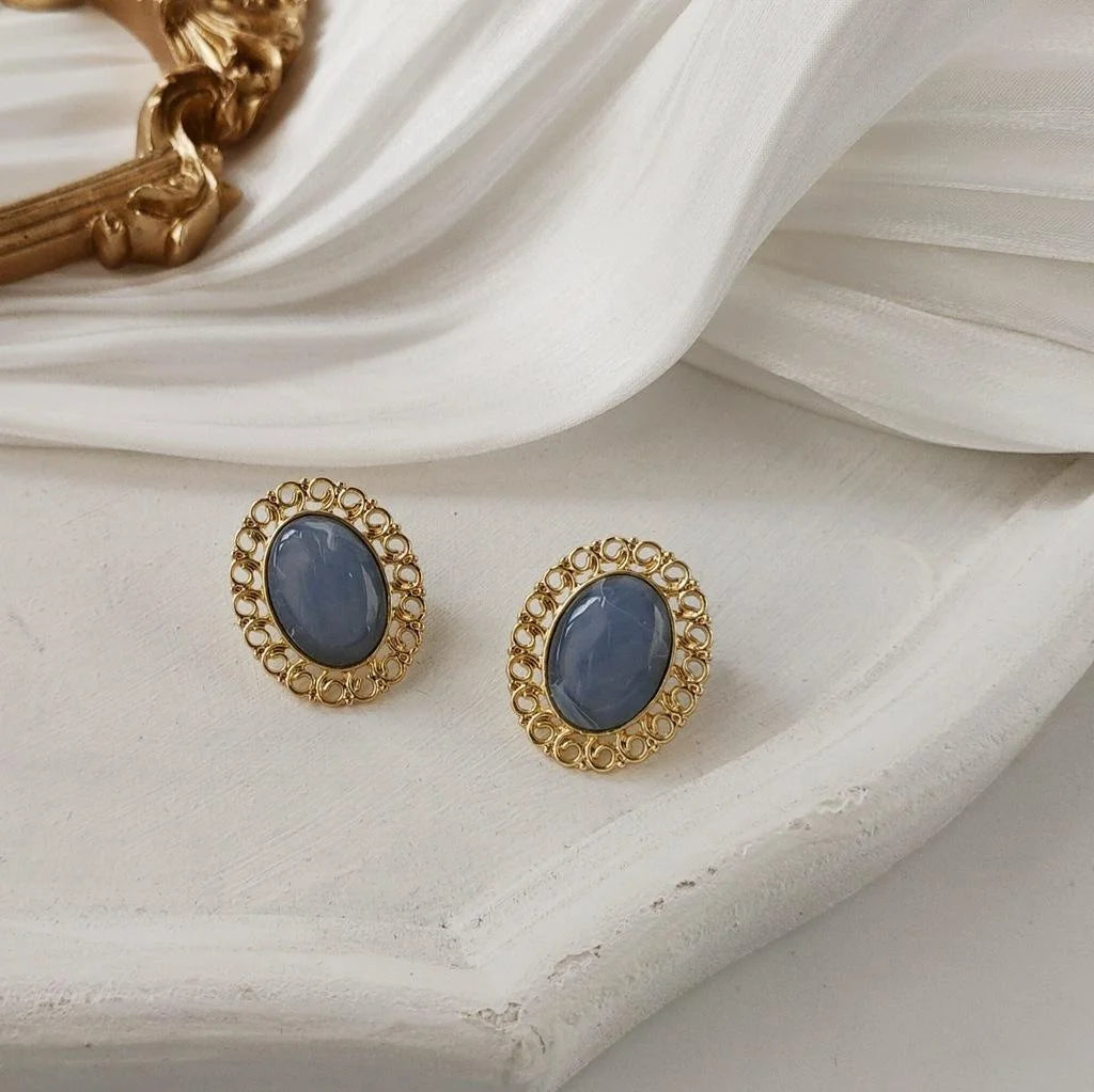 14K Plated Alloy Hollow Oval Haze Blue Drop Earrings, Hong Kong Vintage Jewelry