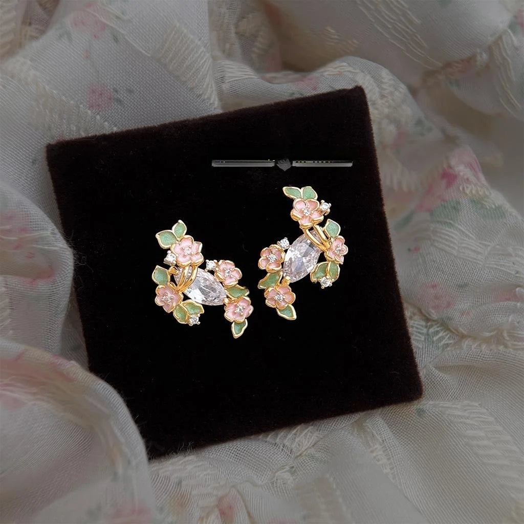 Original Floral Copper Zircon Stud Earrings Sweet Elegant Niche Designer Jewelry