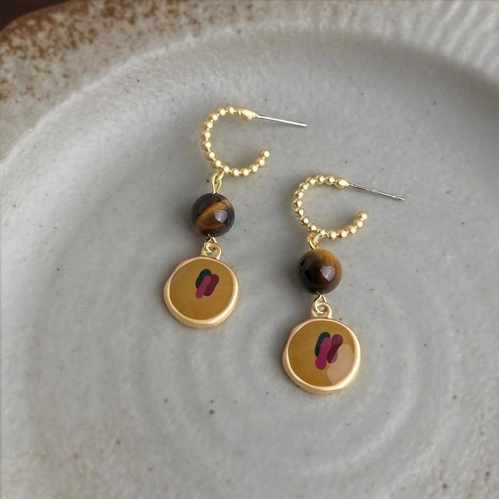 Vintage Oil Painting Style Tiger Eye Stone Enamel Geometric Long Drop Earrings for Women