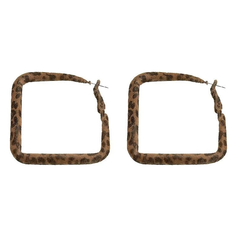Vintage Copper Leopard Flocked Square Geometric Hoop Earrings For Women