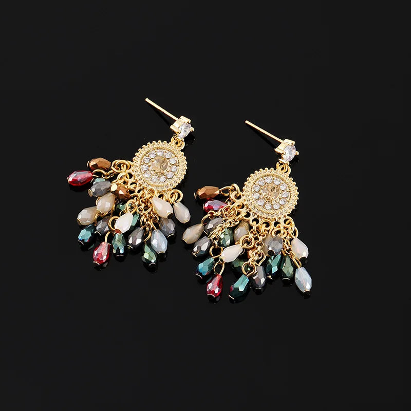 Vintage Spiral Round Rhinestone Crystal Tassel Stud & Clip On No Piercing Long Drop Earrings