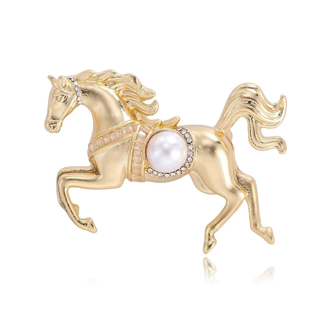 Elegant Gold Alloy Galloping Horse Brooch With Faux Pearl And Rhinestones, Luxury Lapel Pin Suit Accessory