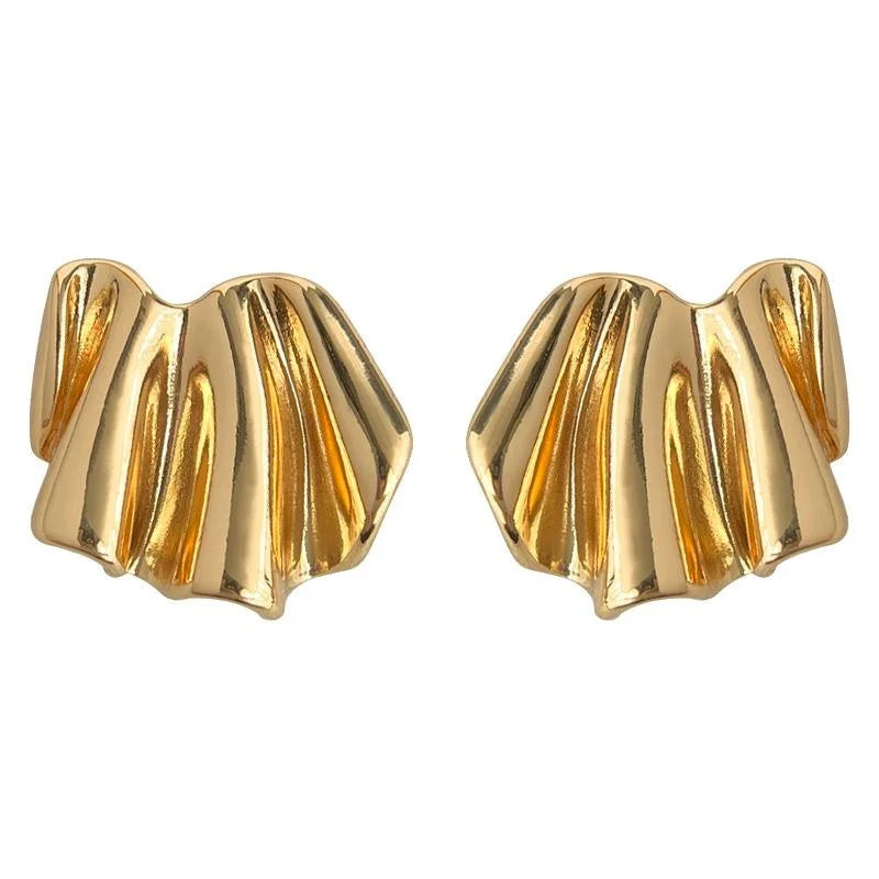 European American Geometric Pleated Copper Drop Earrings With Smooth Metal Finish