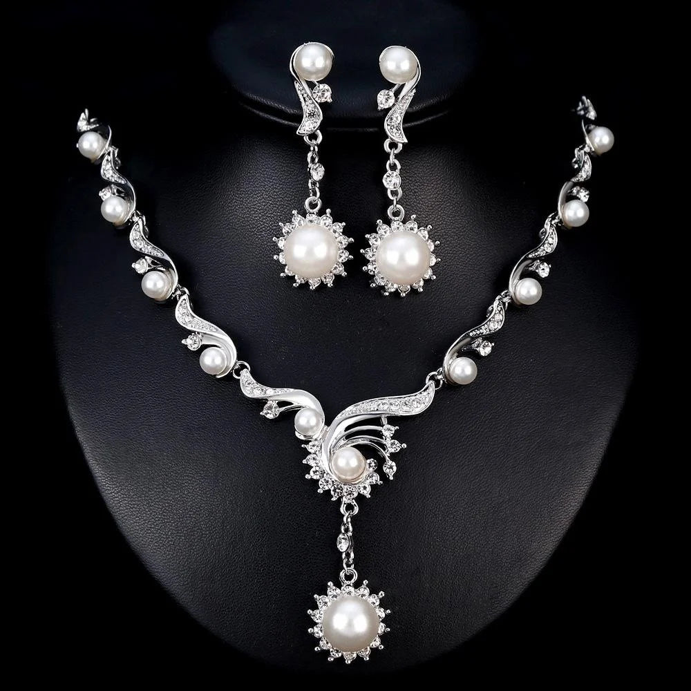 Elegant Pearl Rhinestone Necklace And Earrings Jewelry Set Silver Tone Bridal Jewelry For Wedding Party Gift