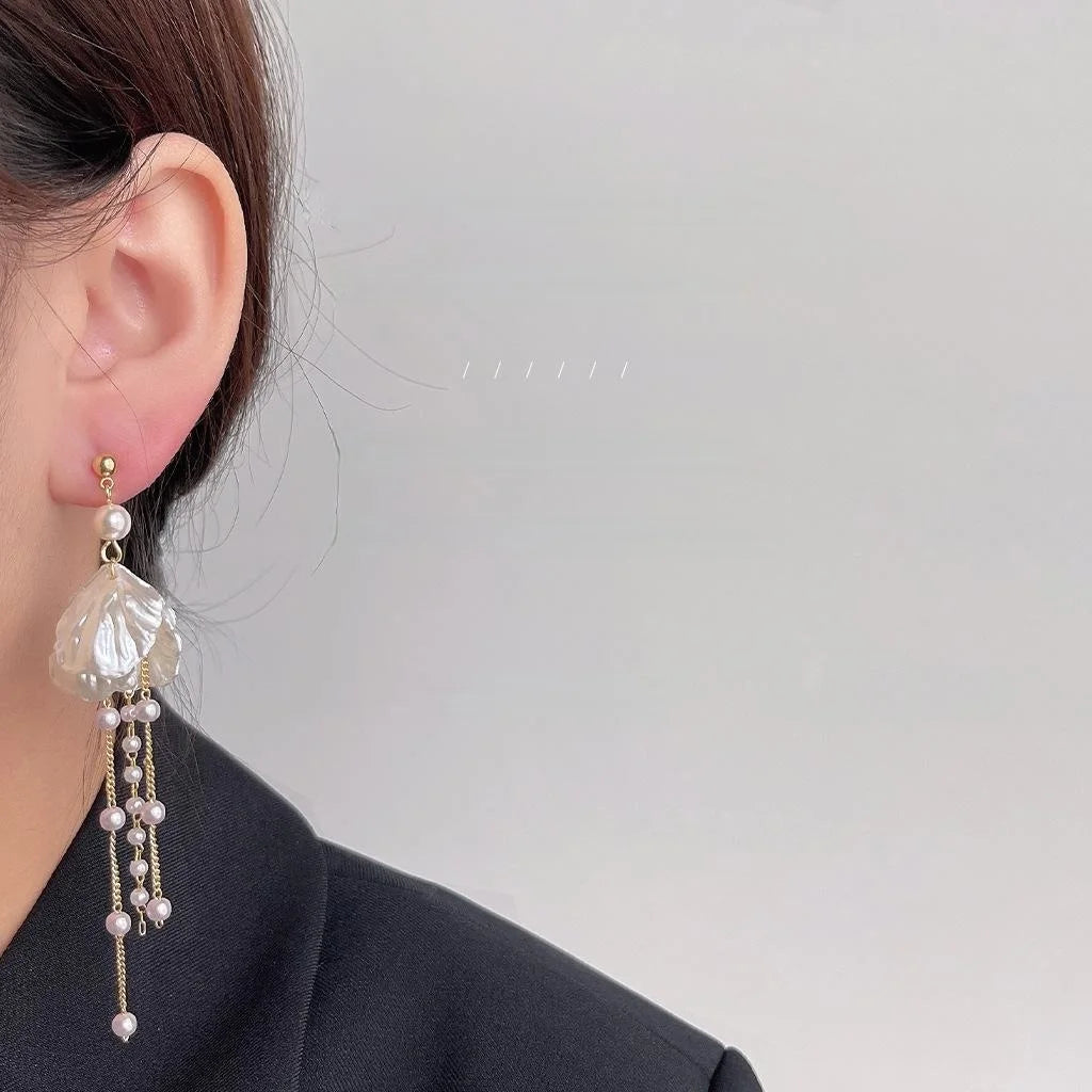 Korean Style Copper Flower Pearl Long Tassel Stud Earrings With 14K Plated Pins