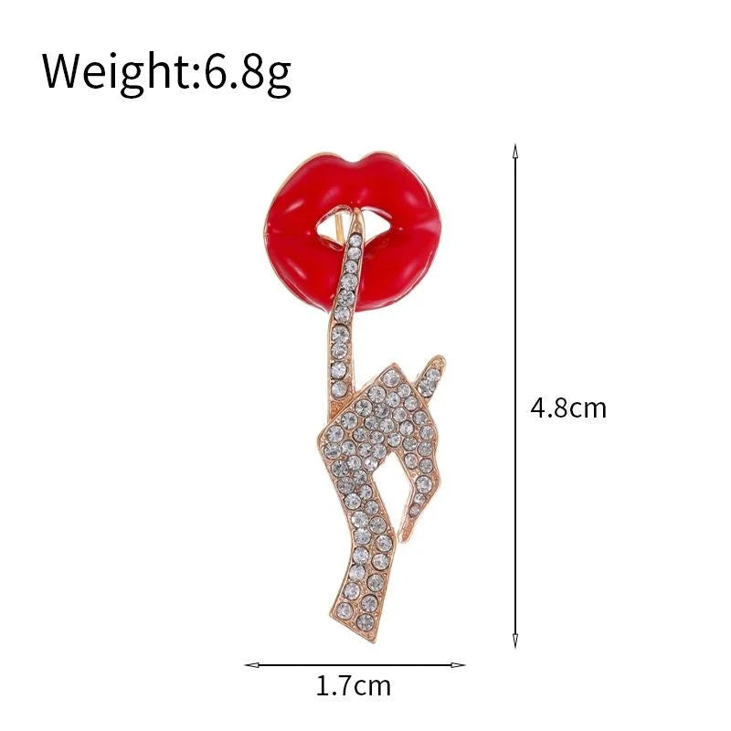 Cute Red Lips Shush Hand Brooch With Rhinestone And Enamel, Elegant Lapel Pin Suit Accessory Gift