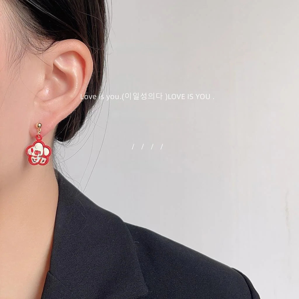Red Enamel Fu Rabbit Asymmetric Copper Stud Earrings With Silver Plated Pins