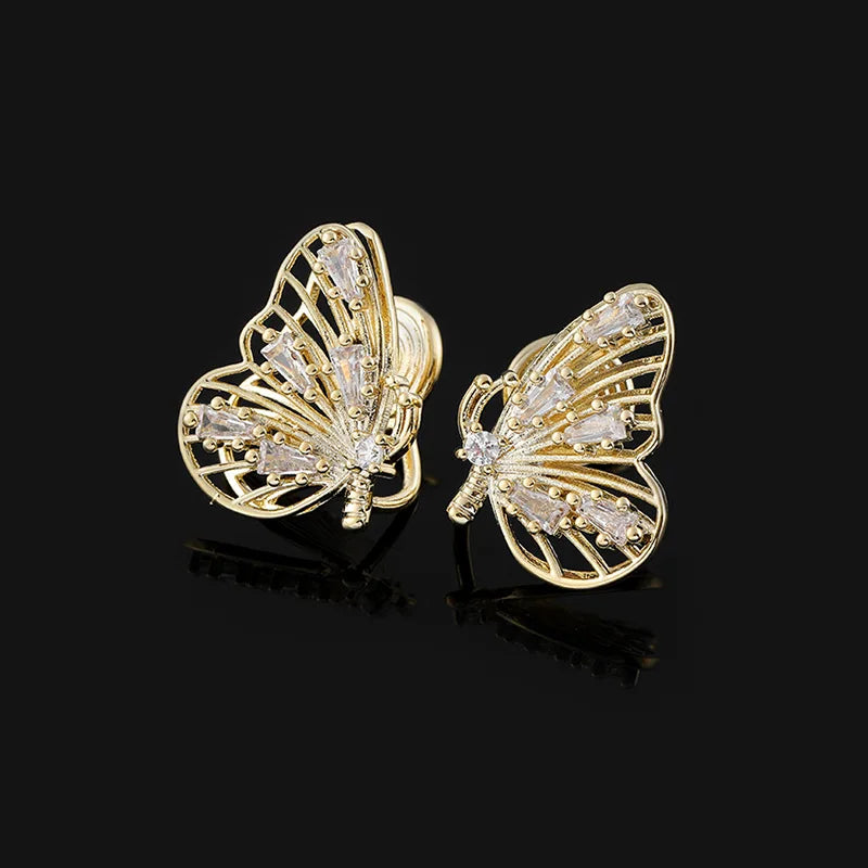 Luxury Gold Tone Alloy Zircon Butterfly Micro Pave Stud & Clip On No Piercing Women's Fashion Earrings