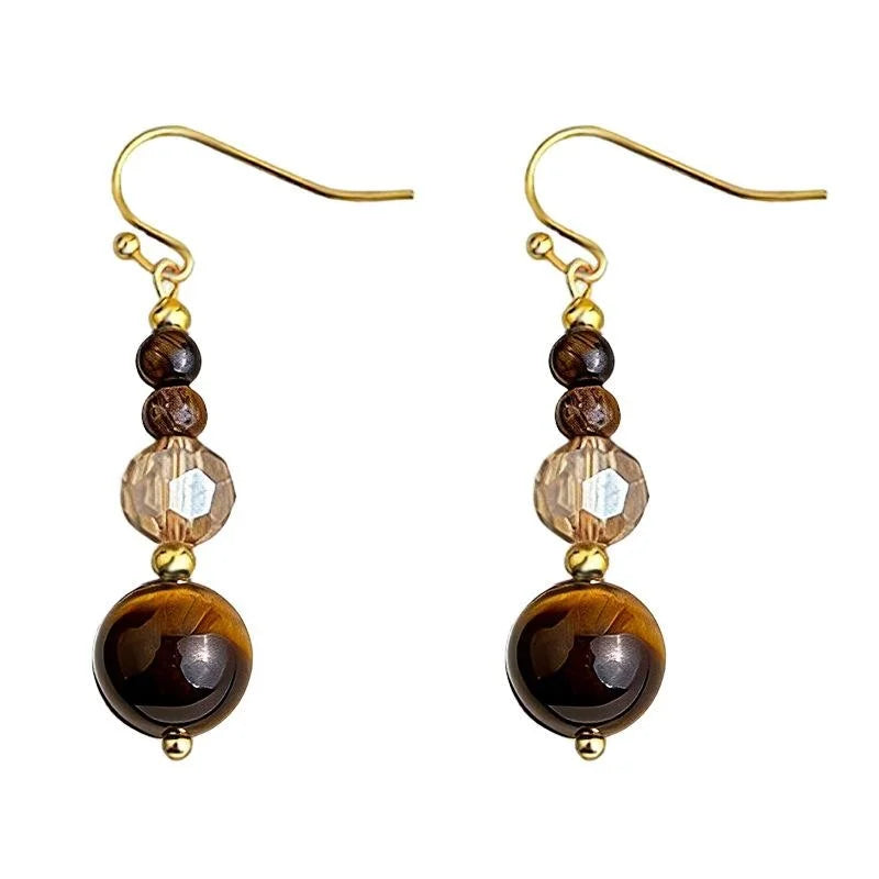 Handmade Chinese Style Tiger Eye Glass Crystal Round Geometric Tassel Drop Earrings