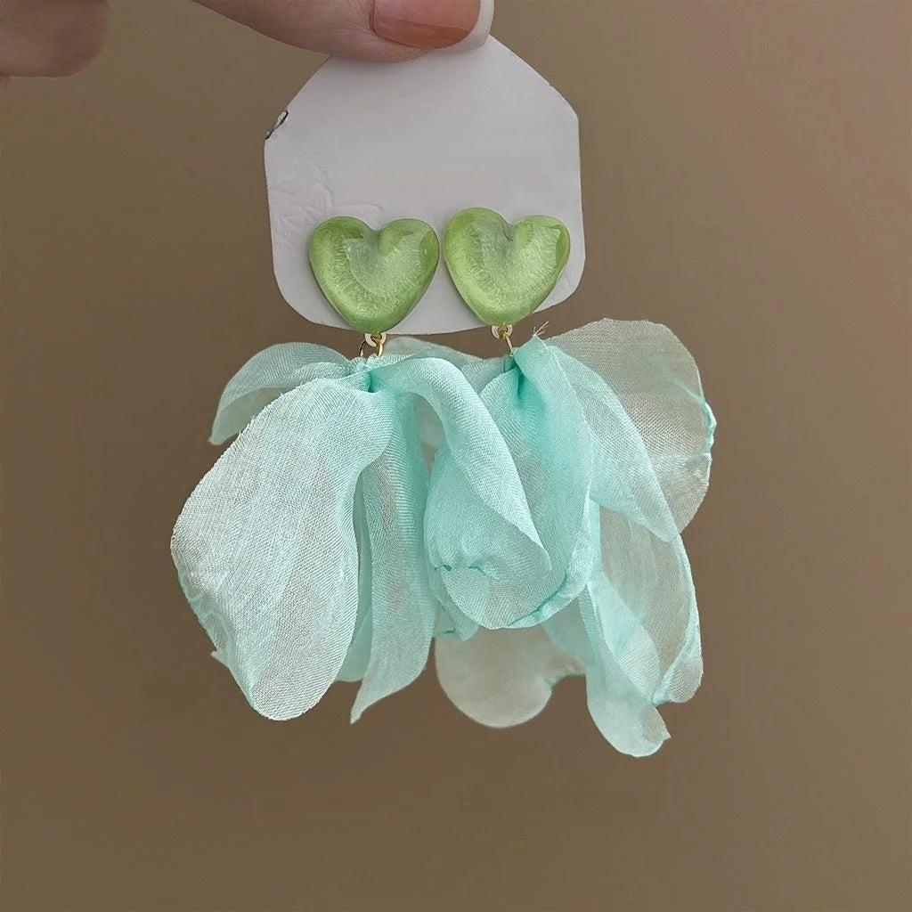 Mint Green Handmade Fabric Lace Floral Heart Drop Earrings Sweet Fresh Forest Style