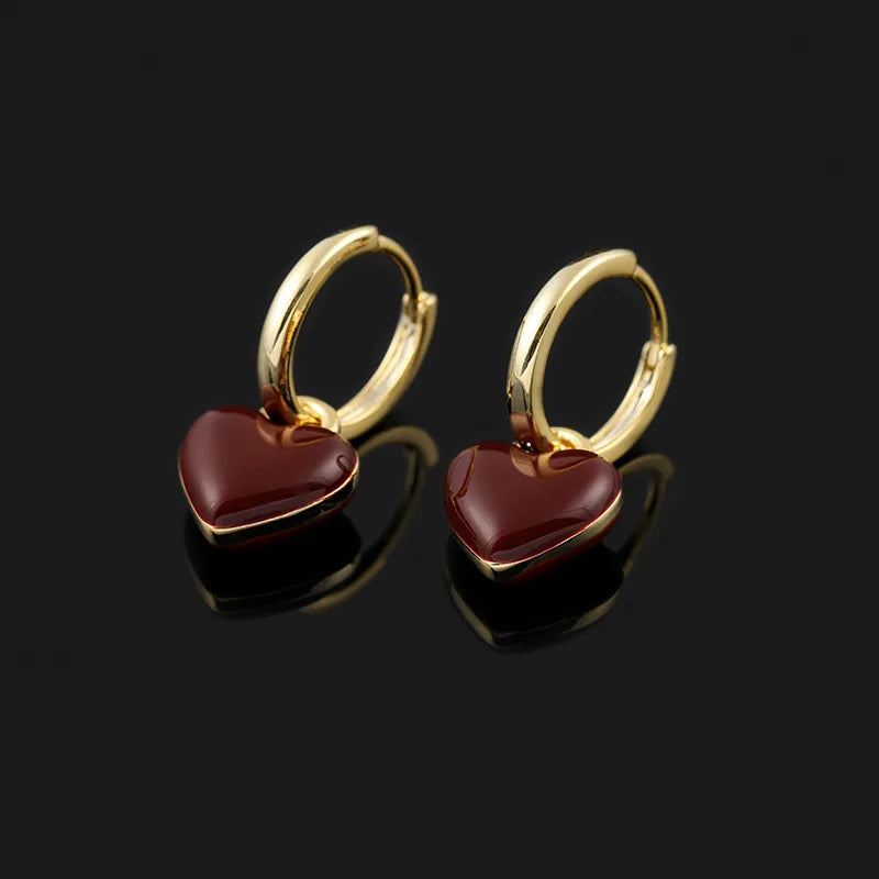 Vintage Red Enamel Heart Gold Alloy Hoop Stud & Clip On No Piercing Hong Kong Style Earrings