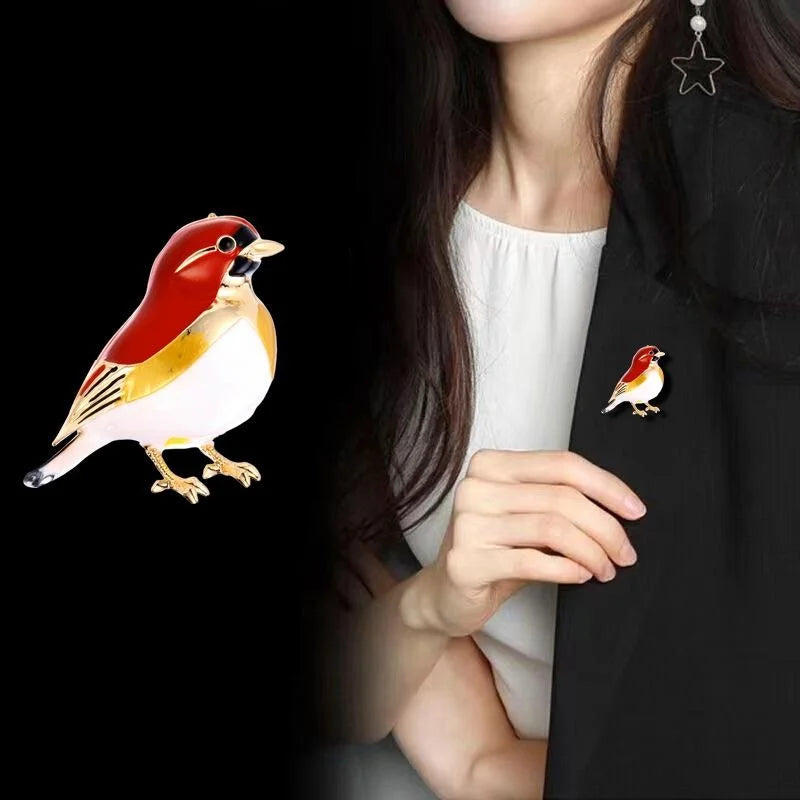 Cute Enamel Robin Bird Brooch Gold Tone Alloy Lapel Pin Elegant Corsage Suit Accessory Gift