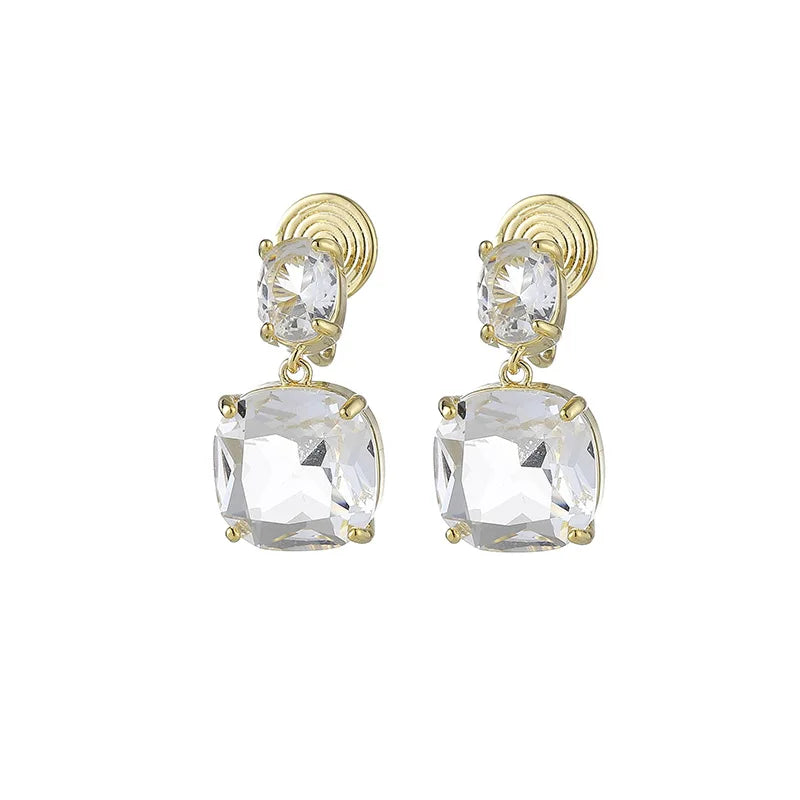 Elegant Square Clear Crystal Zircon Dangle Stud & Clip On No Piercing Luxury Alloy Drop Earrings
