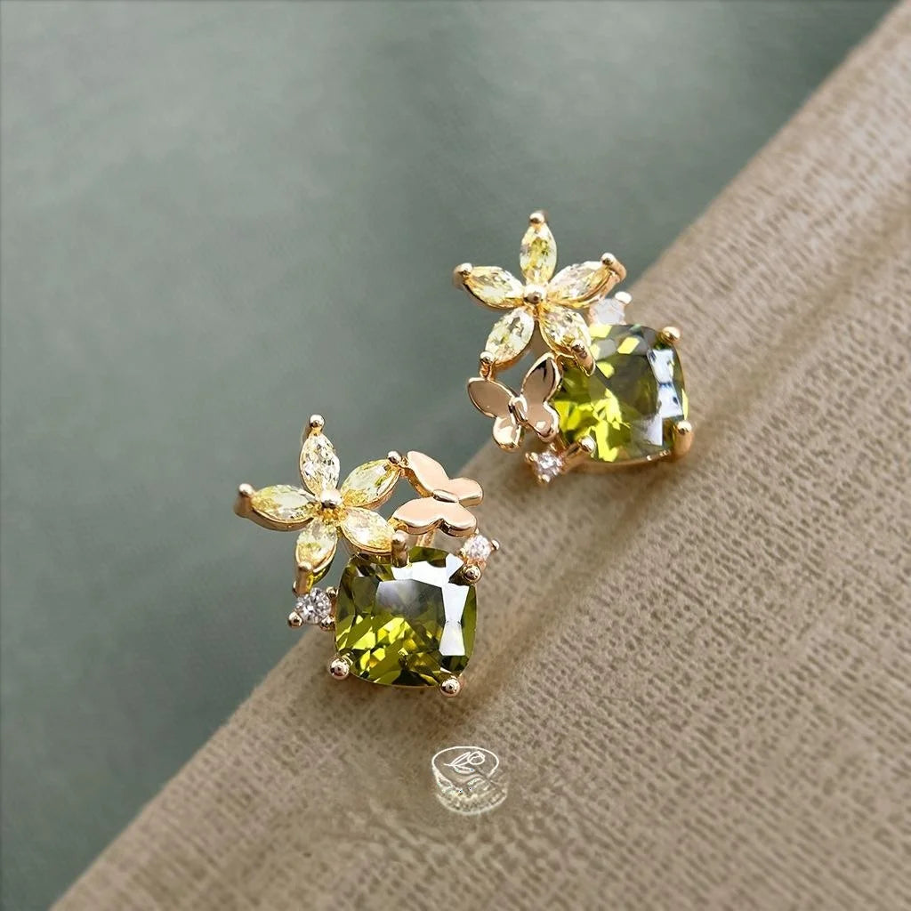 Sweet Olive Green Zircon Flower Butterfly 14K Plated Copper Stud Earrings
