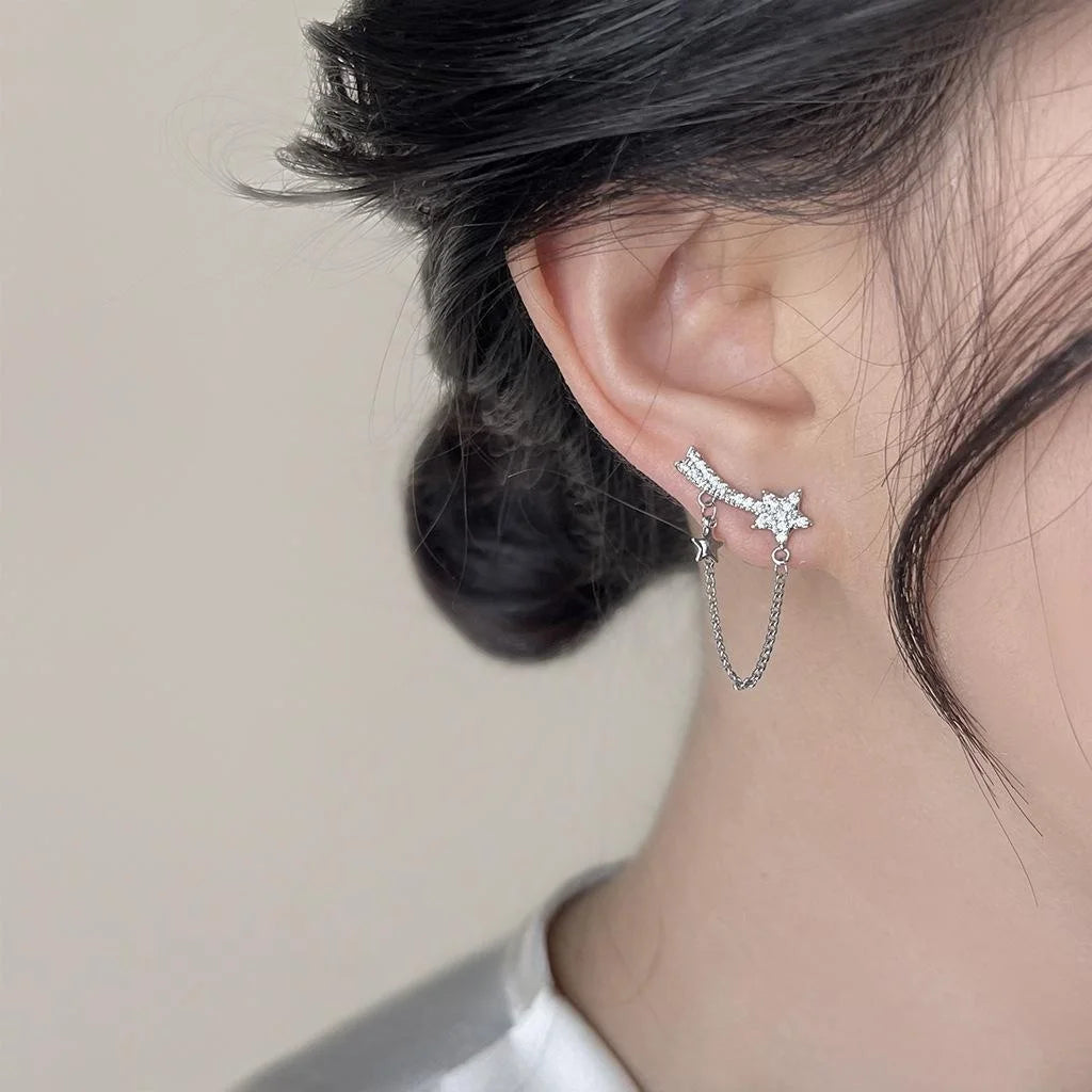 Sweet Cool Star Chain Micro Pave Zircon Copper Stud Earrings With Silver Plated Posts