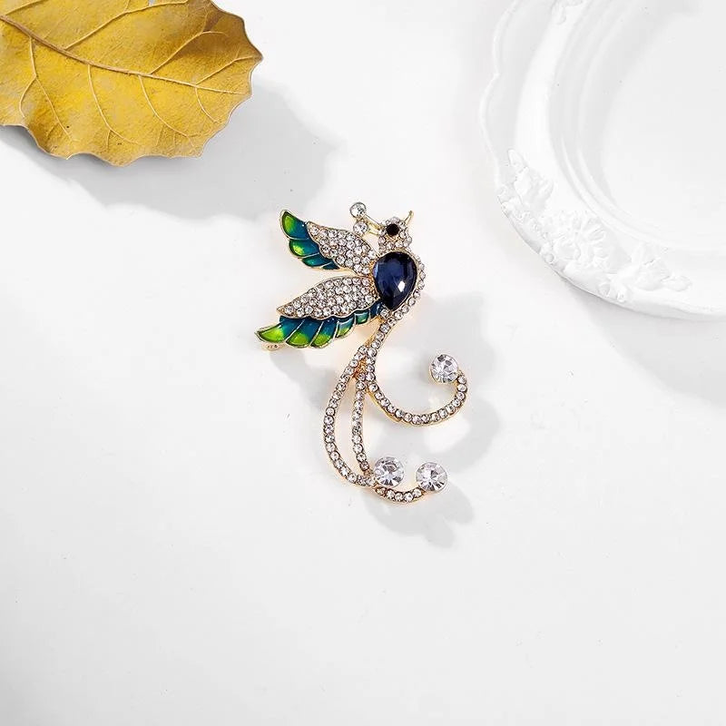 Luxury Phoenix Bird Rhinestone Enamel Brooch, Blue Green Crystal Lapel Pin Corsage Suit Accessory Gift